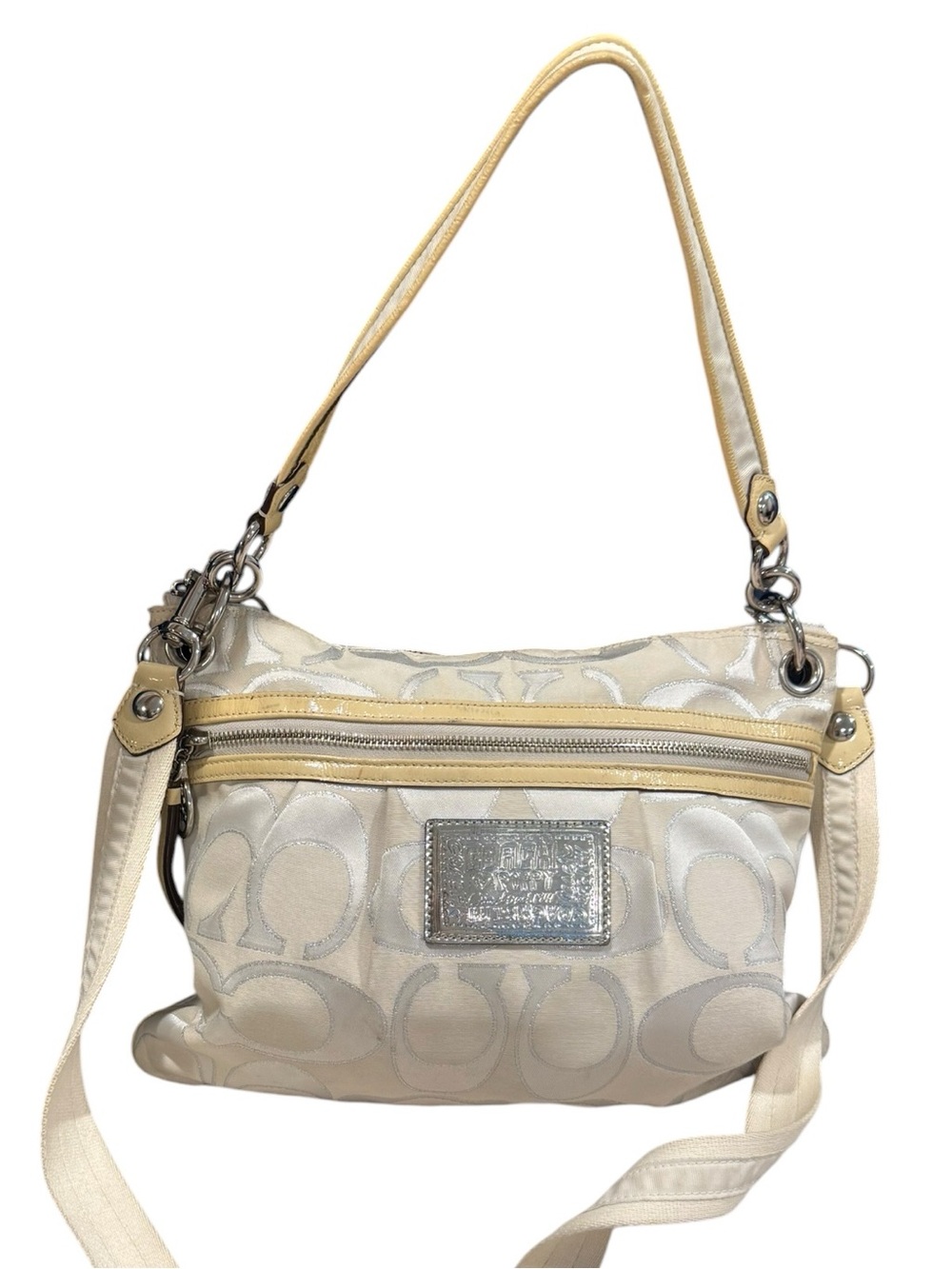Y2K Coach Poppy Cream and Silver Signature Canvas Crossbody Shoulder Bag